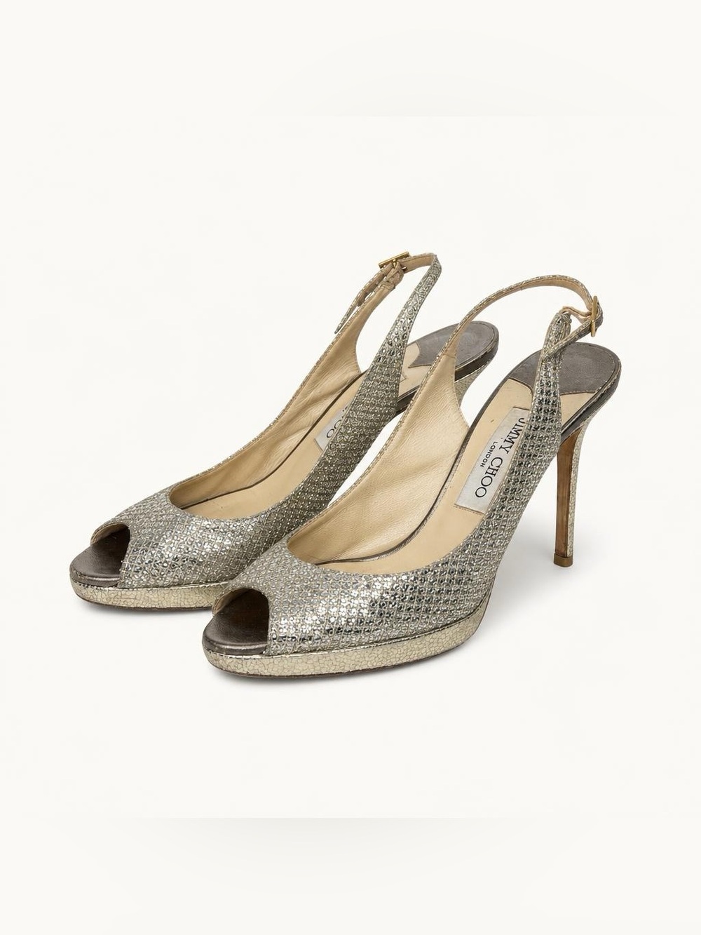 Jimmy Choo Silver Glitter Platform Peep Toe Slingback Heels Size 39